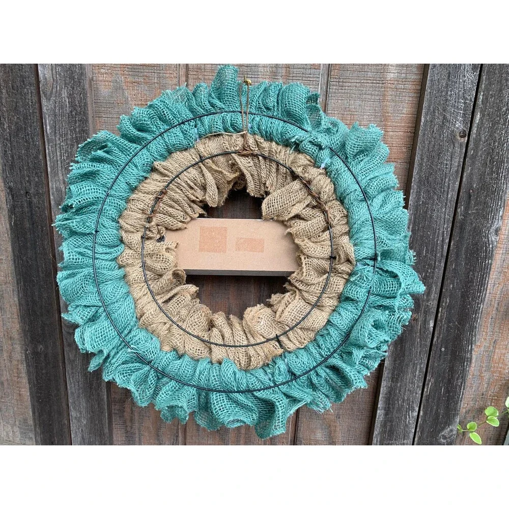 Beachy Coastal WELCOME Wreath Ruffle Aqua/Natural Bulap & Seashells Handmade New